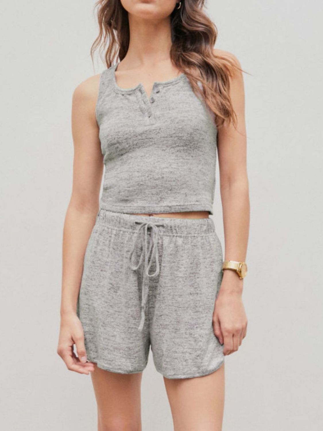 Quarter Button Sleeveless Top and Drawstring Shorts Lounge Set - felvior