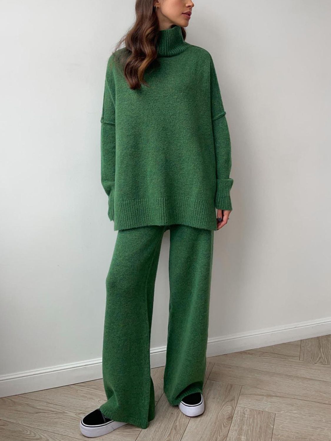 Slit Turtleneck Long Sleeve Top and Pants Sweater Set - felvior