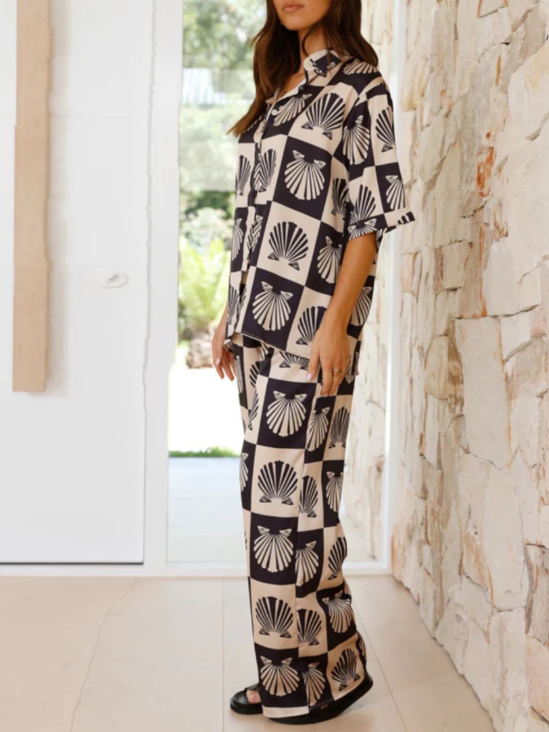 Printed Collared Neck Top and Wide Leg Pants Set - felvior