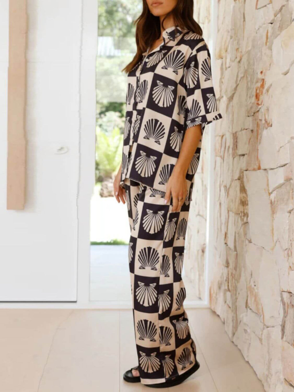 Printed Collared Neck Top and Wide Leg Pants Set