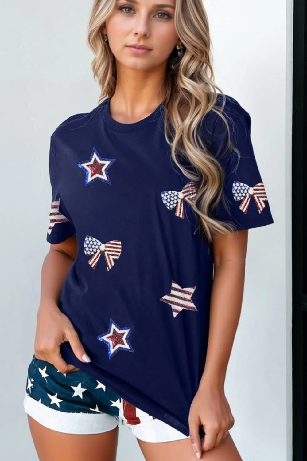 Sequin Star Round Neck Short Sleeve T-Shirt