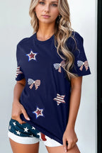 Sequin Star Round Neck Short Sleeve T-Shirt