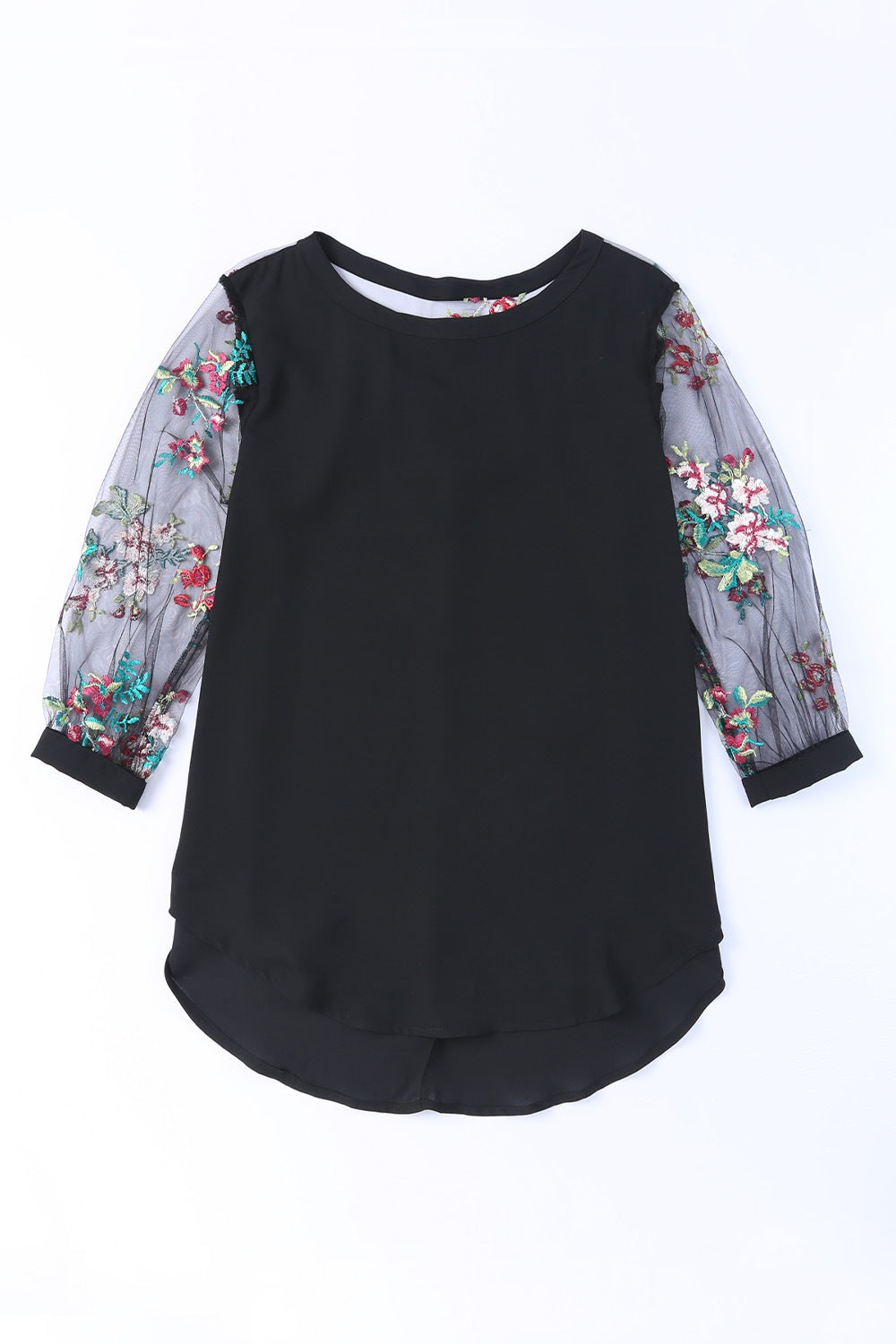 Floral Embroidered Sleeve Round Neck Blouse - felvior