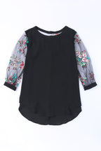 Floral Embroidered Sleeve Round Neck Blouse