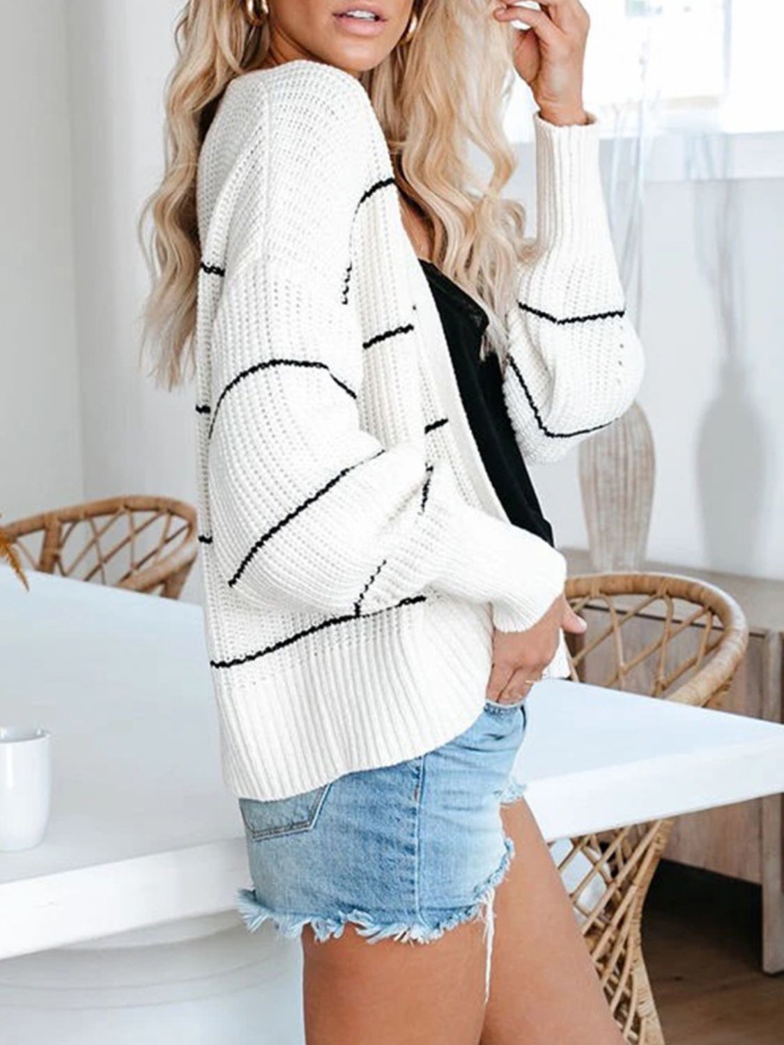 Striped Open Front Long Sleeve Cardigan - felvior