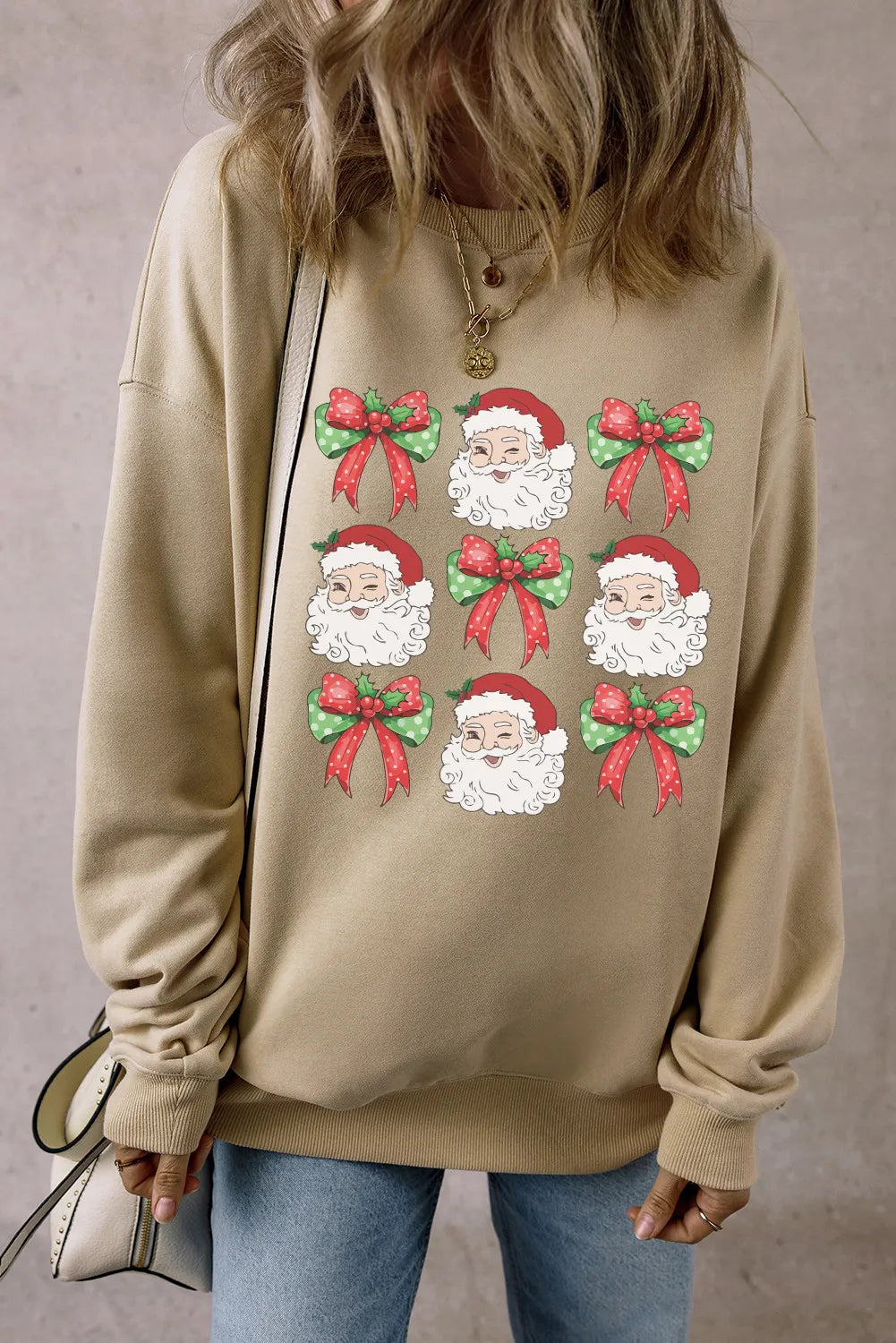 Santa Graphic Round Neck Long Sleeve Sweatshirt - felvior
