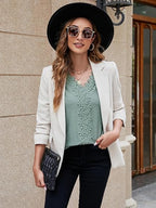 Lace Detail Eyelet V-Neck Flounce Sleeve Blouse