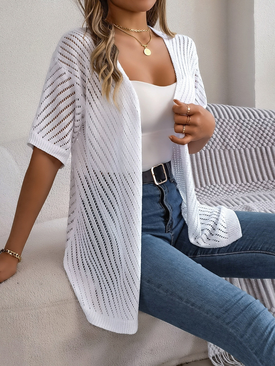 Openwork Open Front Half Sleeve Cardigan - felvior