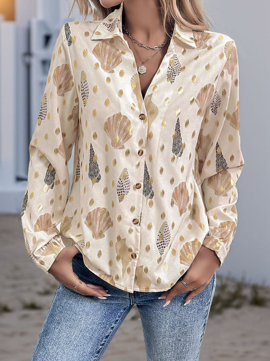 Perfee Printed Collared Neck Long Sleeve Shirt - felvior