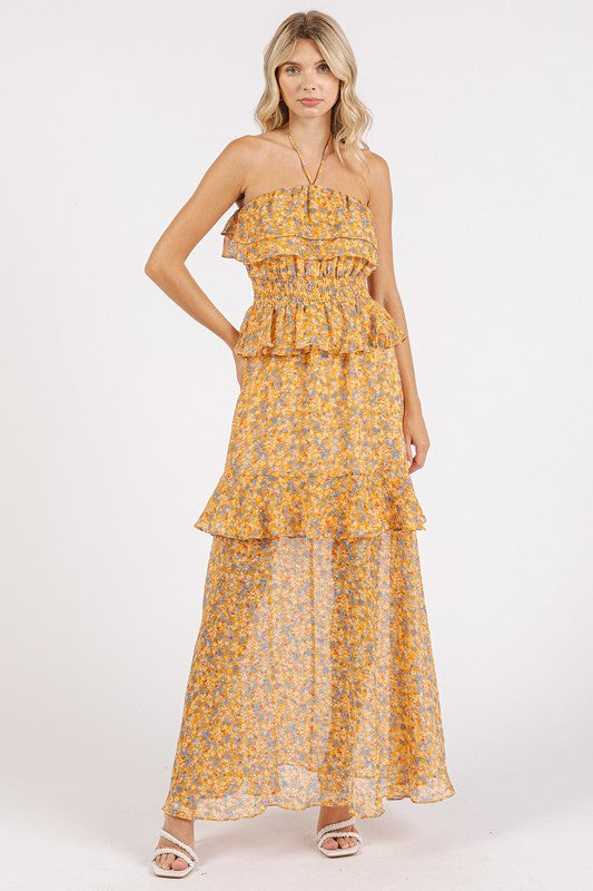 Mittoshop Ruffled Smocked Floral Halter Neck Maxi Dress - felvior