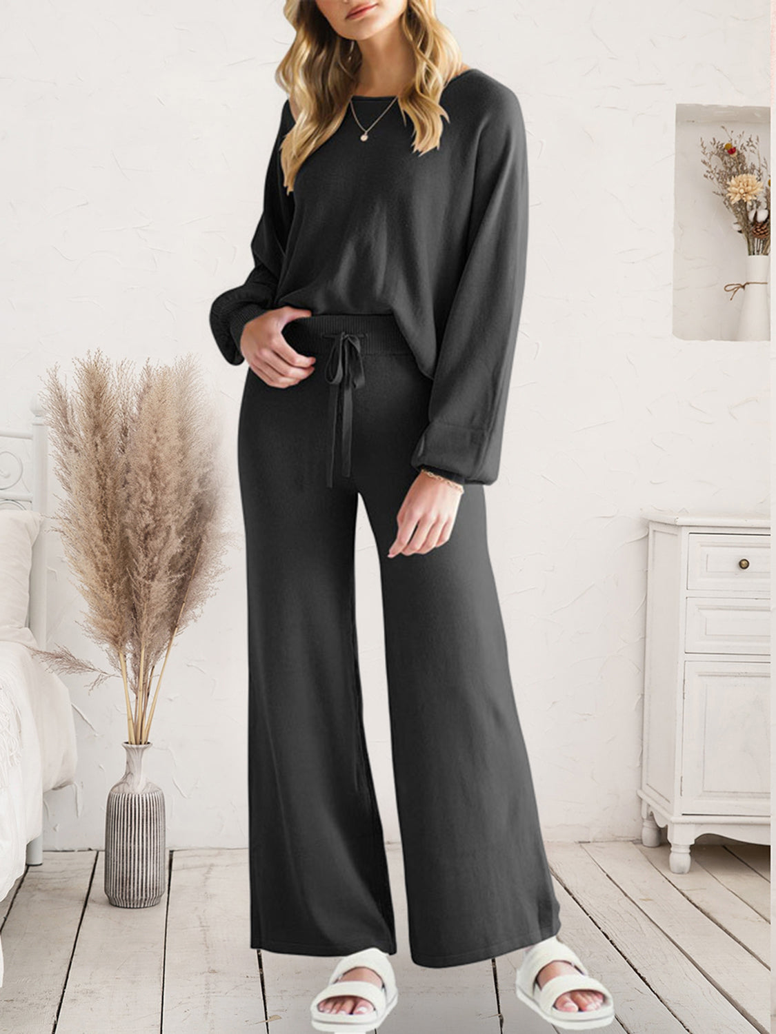 Long Sleeve Lounge Top and Drawstring Pants Set - felvior