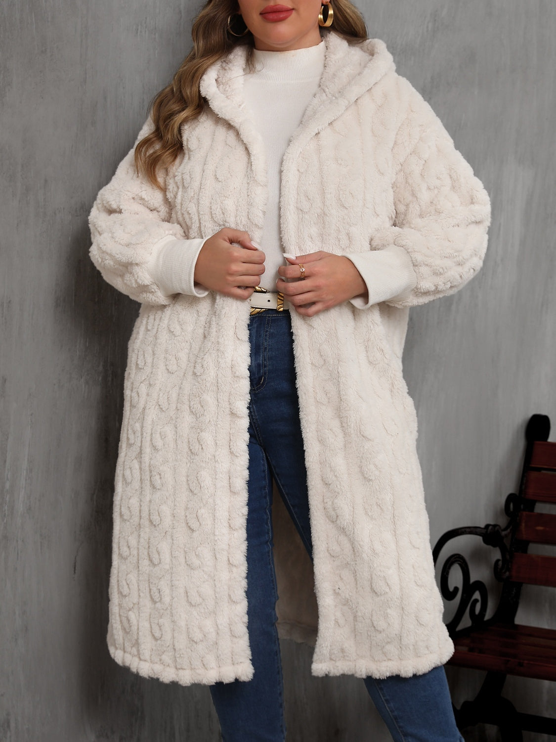 Plus Size Open Front Hooded Plush Coat Secondary image