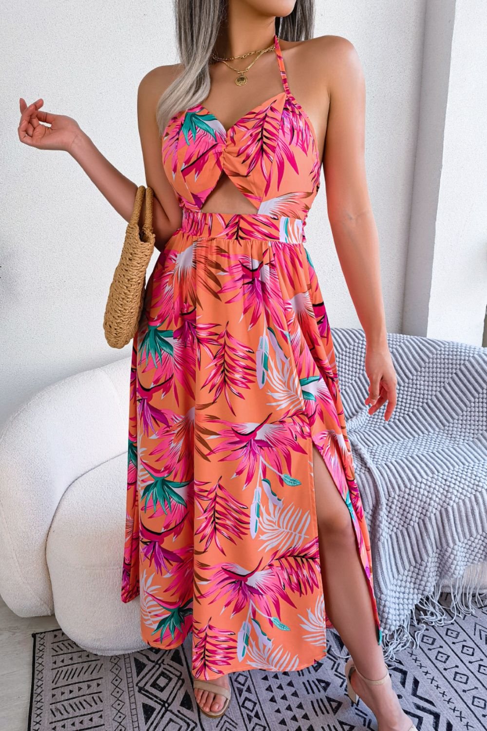 Botanical Print Tied Backless Cutout Slit Dress Hauptbild