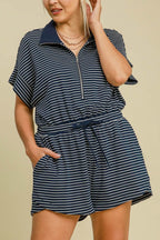 Umgee Full Size Half Zip Striped Romper Plus Size