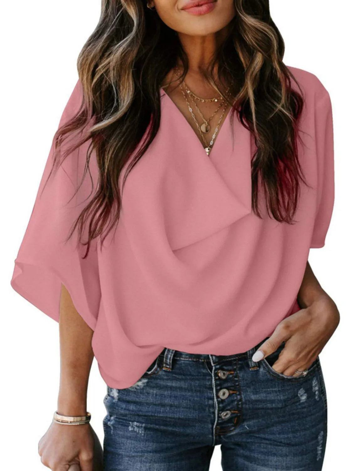 Full Size Ruched Three-Quarter Sleeve Blouse Plus Size - felvior
