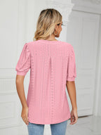 Florira Eyelet Notched Short Sleeve T-Shirt