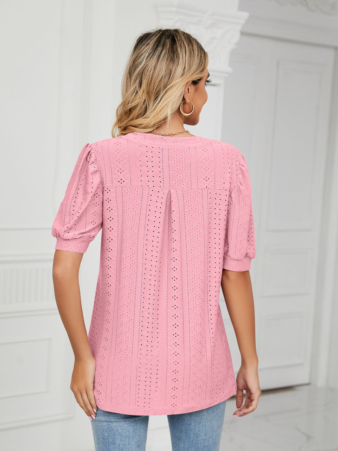 Florira Eyelet Notched Short Sleeve T-Shirt