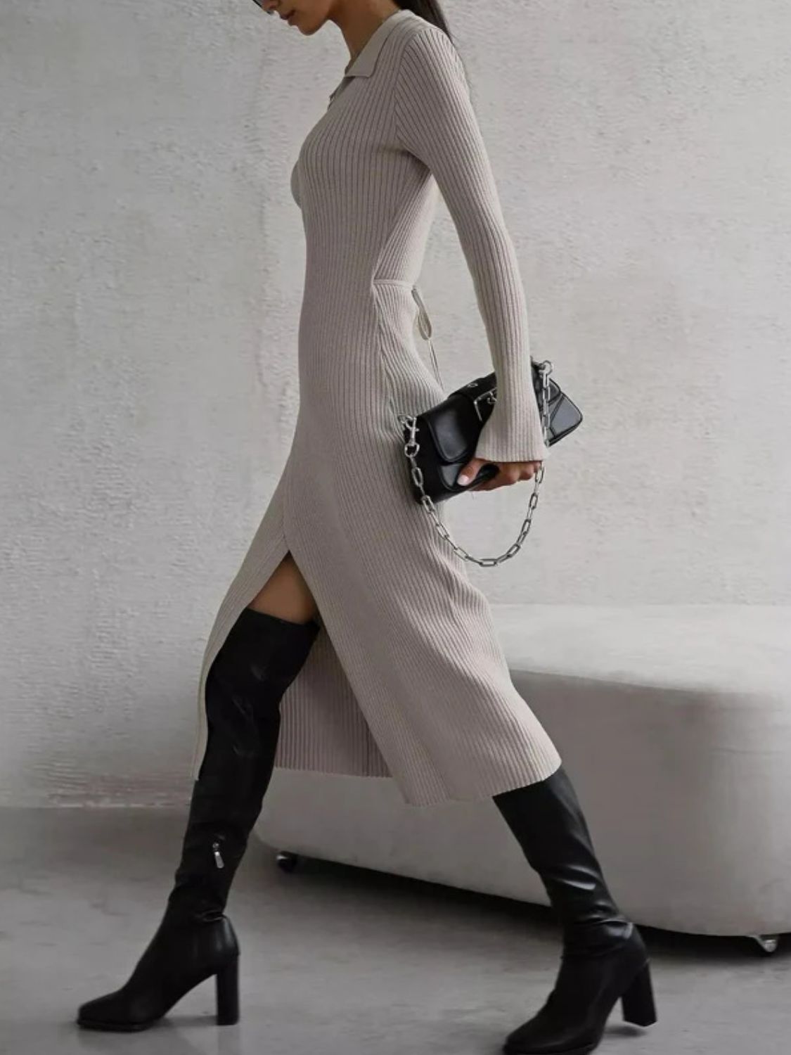 Tied Collared Neck Long Sleeve Sweater Dress - felvior