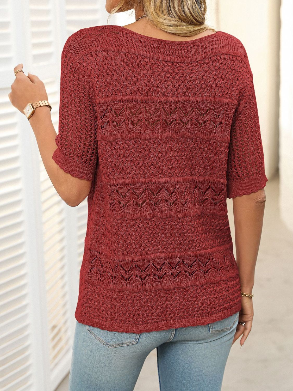 Openwork Round Neck Half Sleeve Knit Top - felvior
