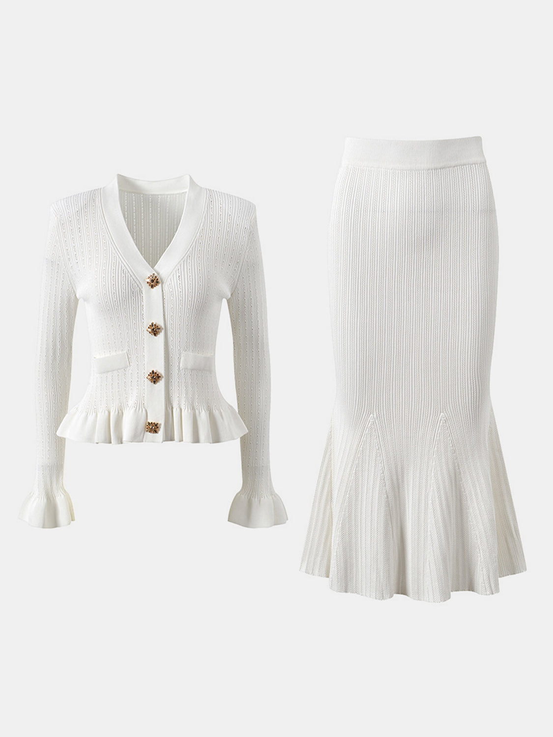 Ruffled V-Neck Top and Midi Skirt Sweater Set - felvior