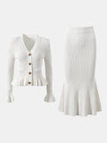 Ruffled V-Neck Top and Midi Skirt Sweater Set - felvior