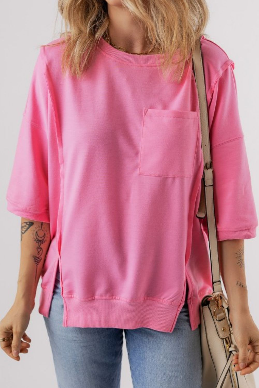 Exposed Seam Side Slit Round Neck Top - felvior