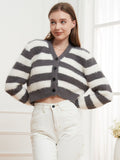 Button Down V-Neck Striped Cardigan - felvior