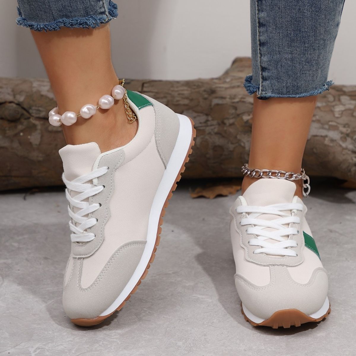 PU Leather Contrast Round Toe Flats Sneakers - felvior