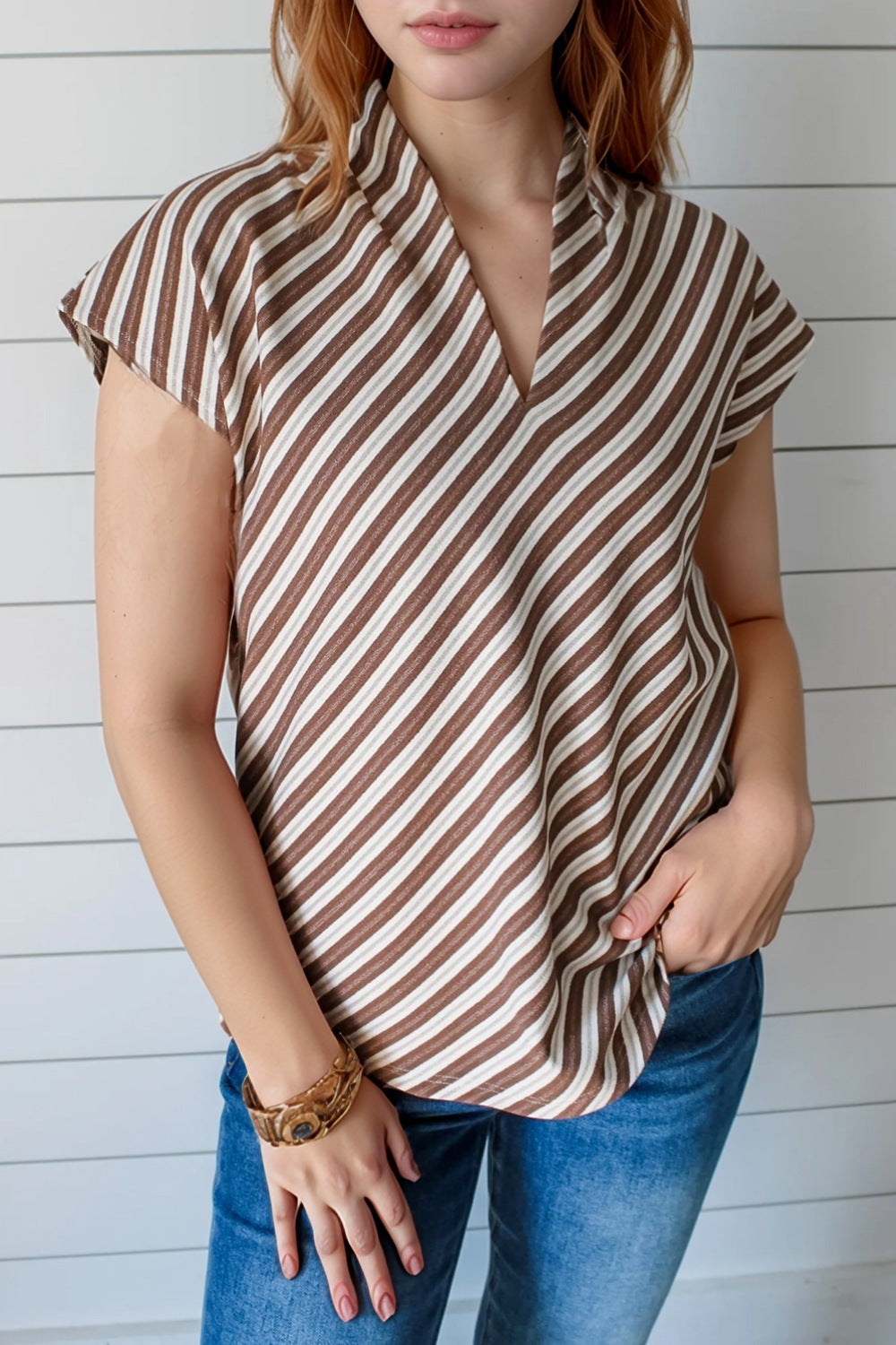 Striped V Neck Cap Sleeve Blouse - felvior
