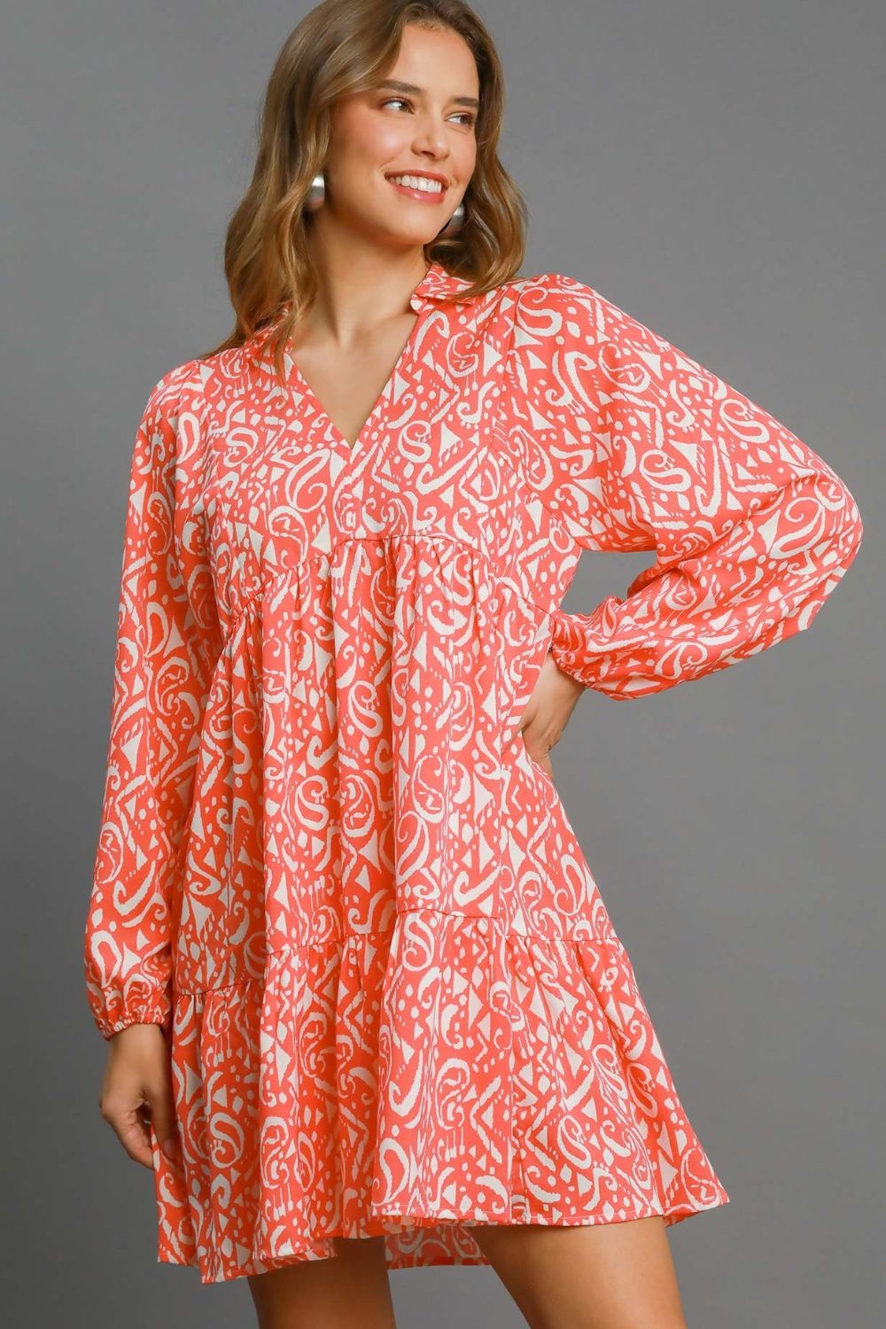 Umgee Full Size Two Tone Print Balloon Sleeve Tiered Dress Plus Size - felvior