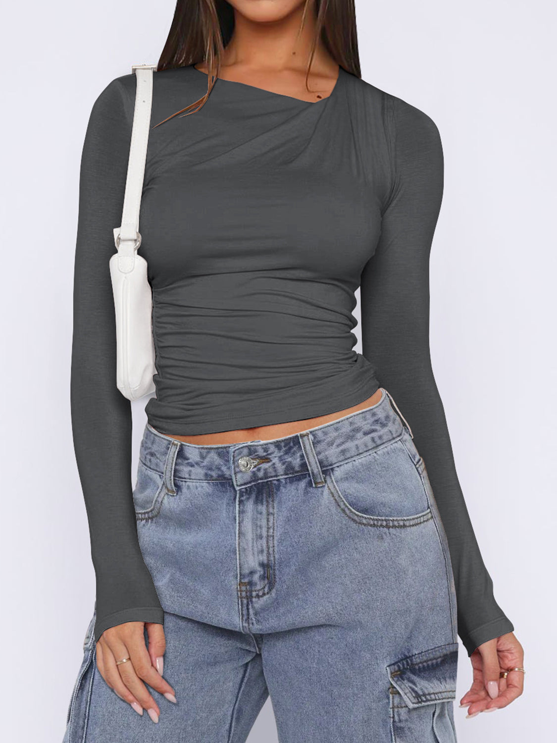 Ruched Asymmetrical Neck Long Sleeve T-Shirt - felvior