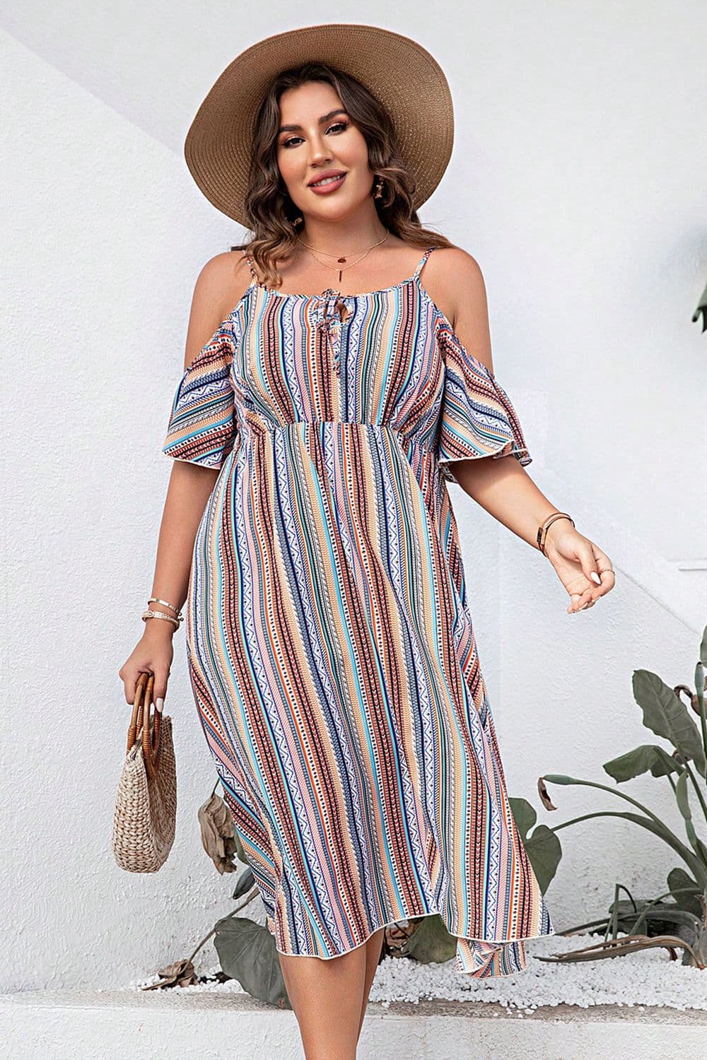 Plus Size Striped Cold-Shoulder Dress - felvior
