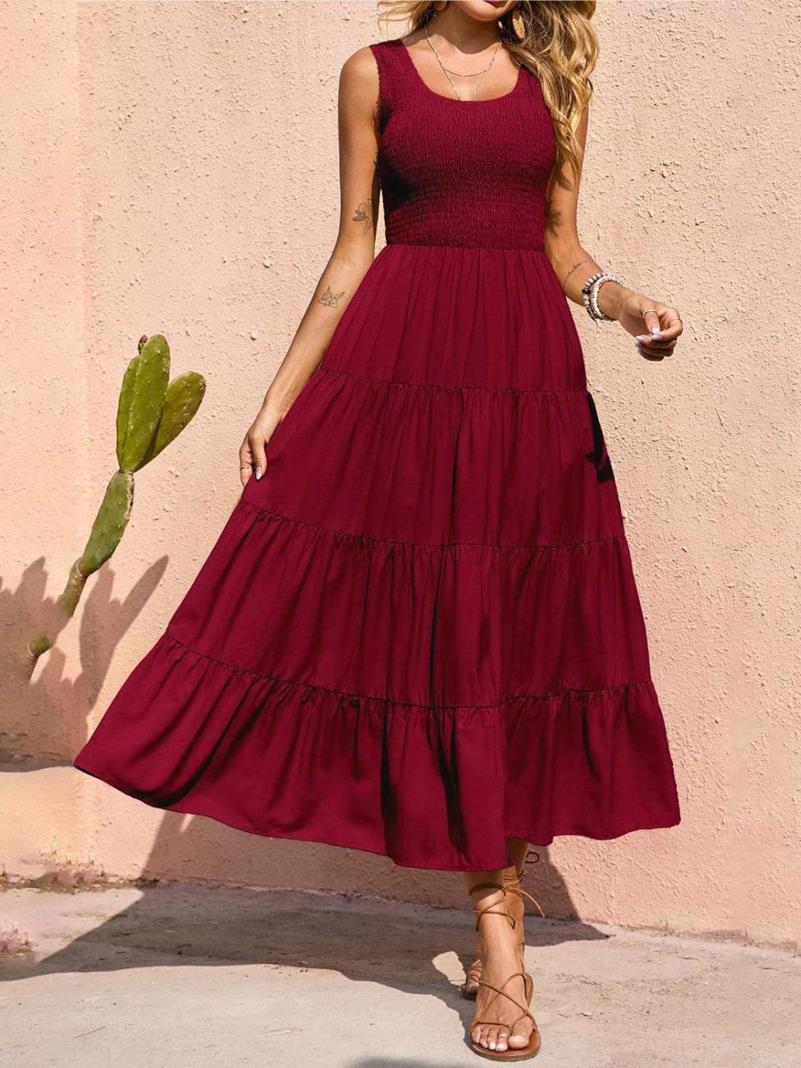 Tiered Smocked Wide Strap Dress - felvior