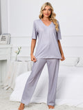Printed V-Neck Top and Pants Lounge Set - felvior