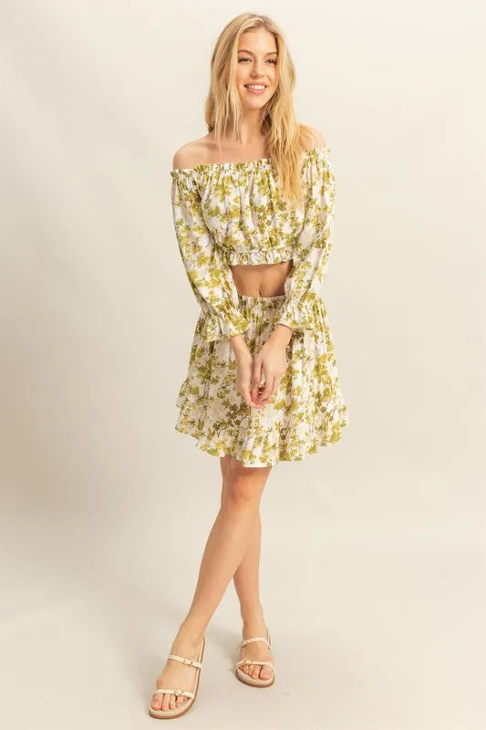 HYFVE Floral Off-Shoulder Flounce Sleeve Top and Skirt Set