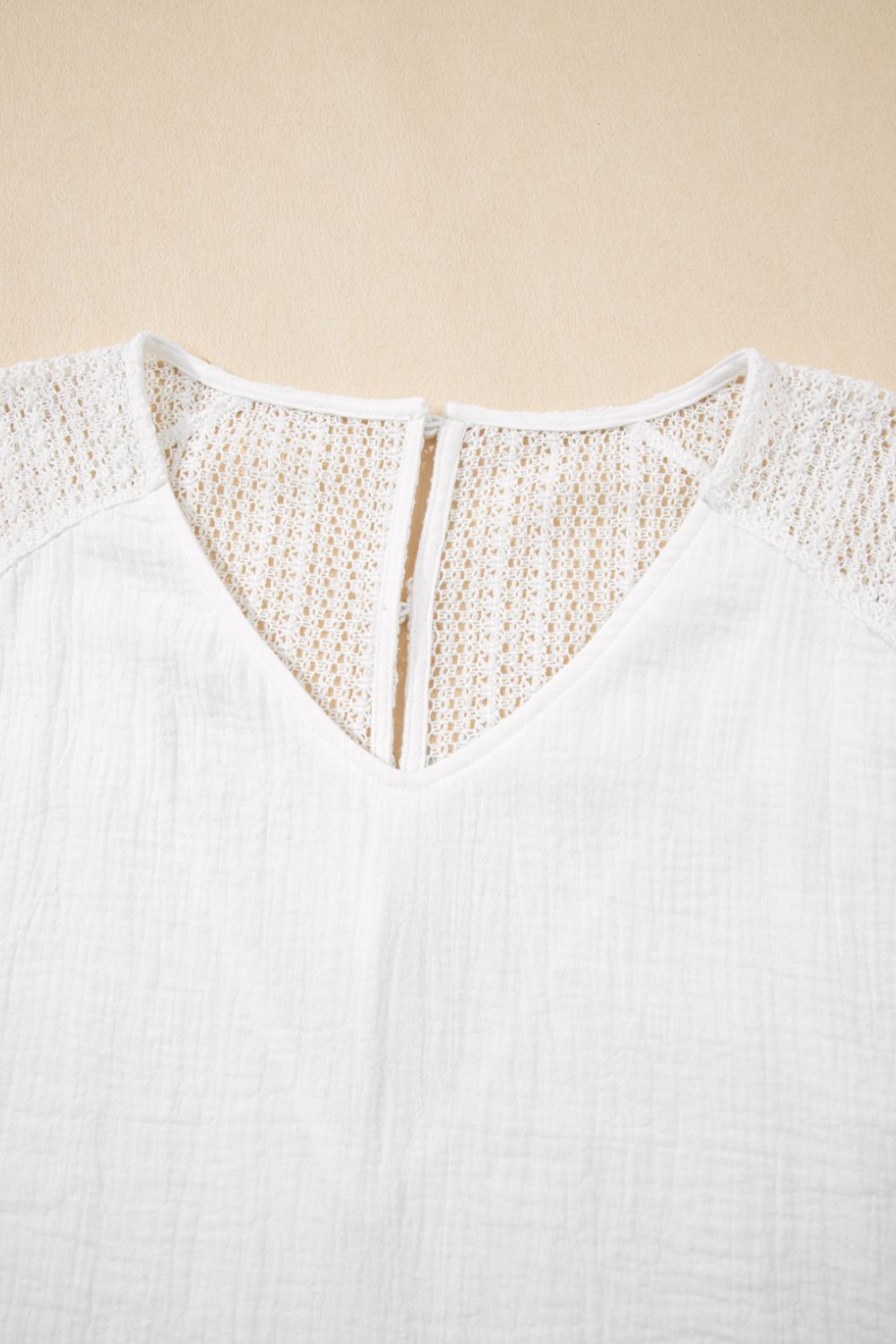 Lace Crochet Textured Button Back V Neck T Shirt