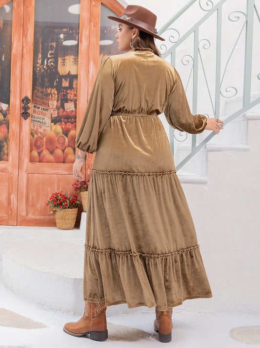 Plus Size Frill Tie Neck Long Sleeve Dress - felvior