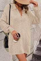 Collared Neck Long Sleeve Sweater Dress with Pockets