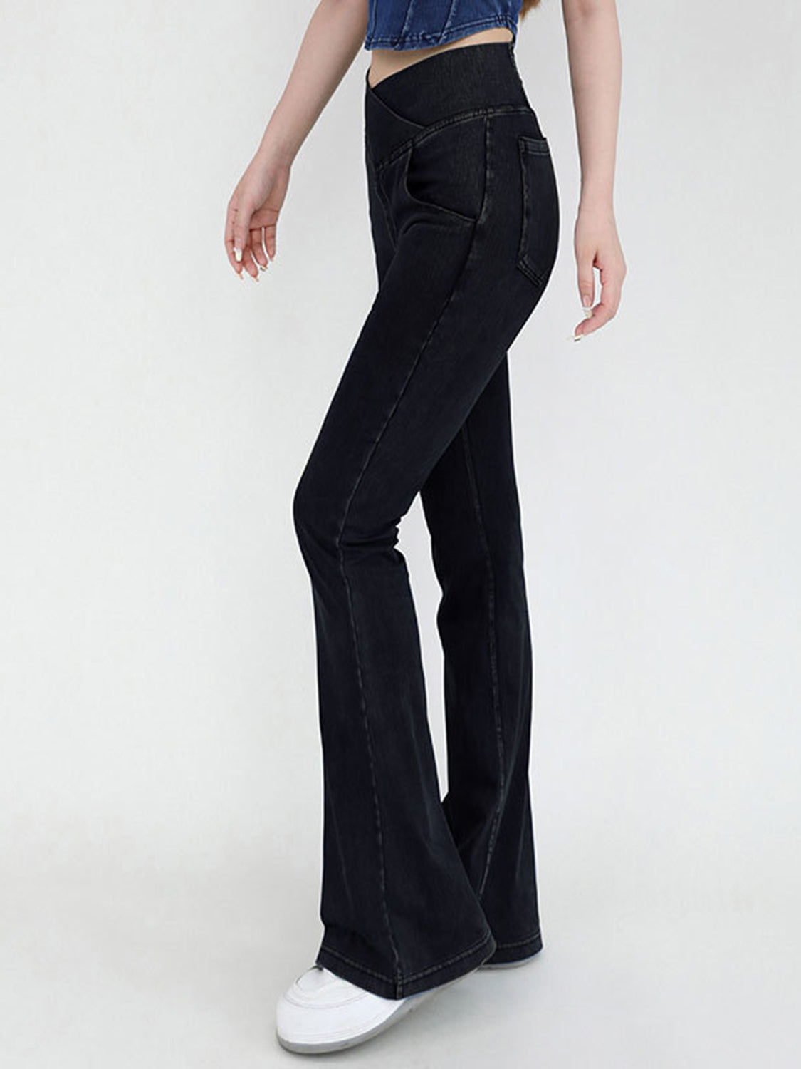 Wide Waistband Bootcut Jeans with Pockets - felvior