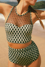 Dotted Mesh Plaid Patchwork High Waisted Swim Set