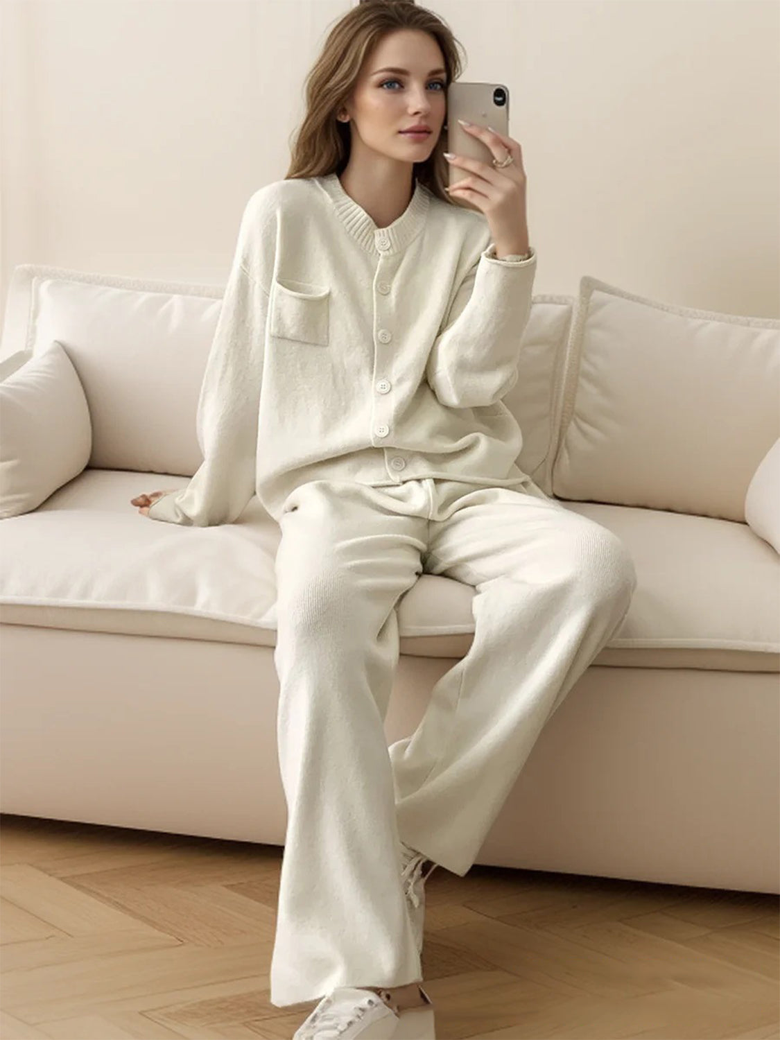 Pocketed Round Neck Button Up Cardigan and Pants Sweater Set - felvior