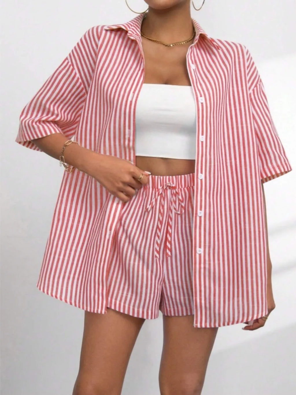 Striped Button Up Shirt and Shorts Set