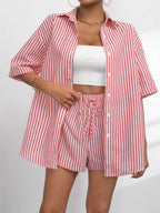 Striped Button Up Shirt and Shorts Set