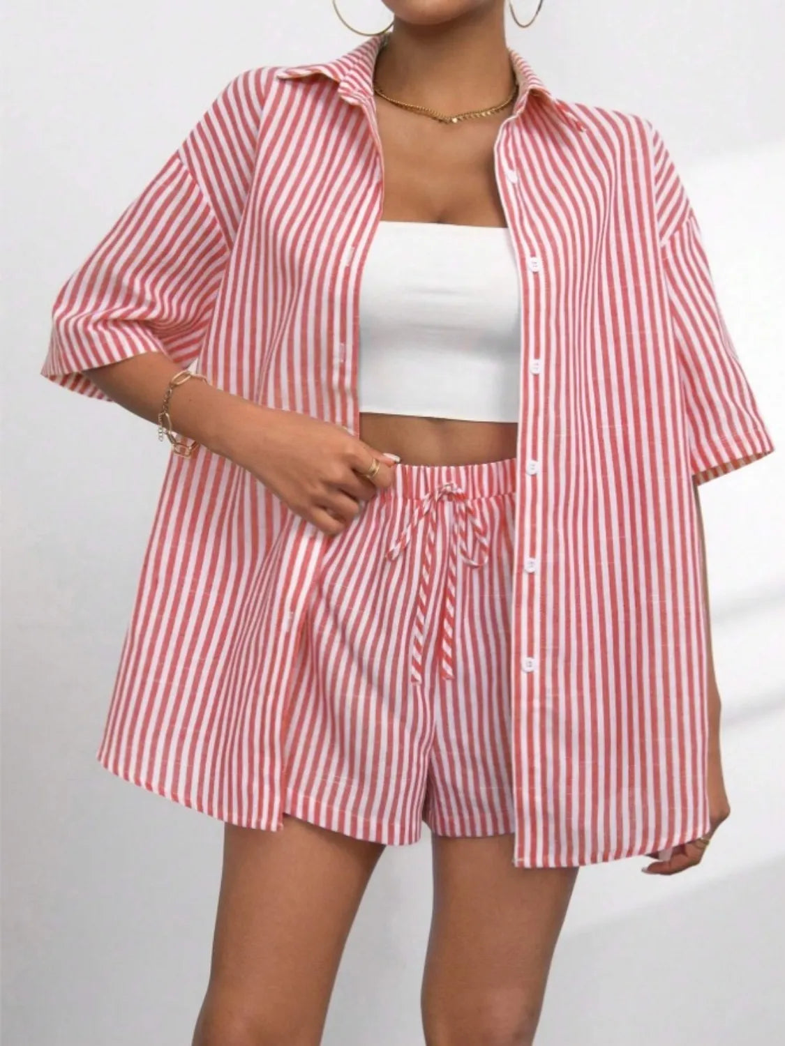 Striped Button Up Shirt and Shorts Set