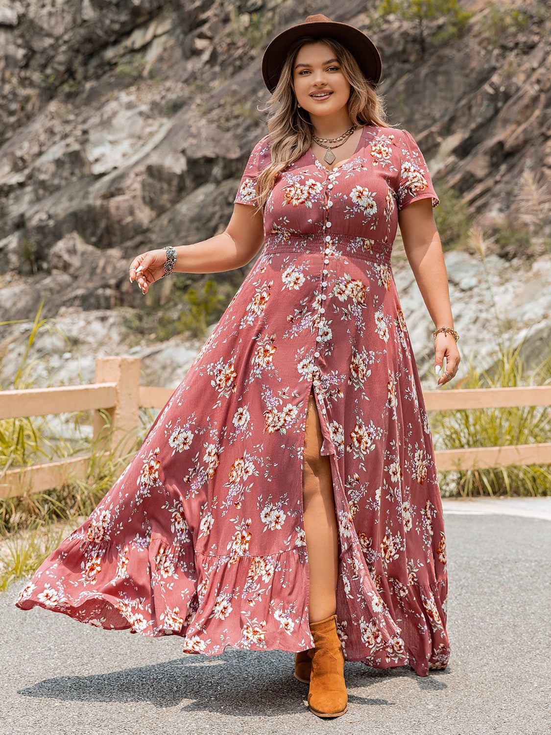 Plus Size Floral Slit Ruffle Hem Dress Hauptbild