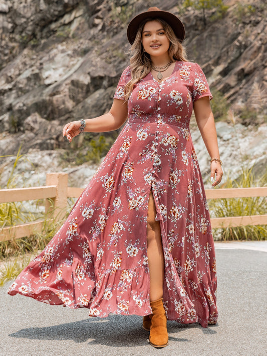 Plus Size Floral Slit Ruffle Hem Dress - felvior