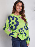 Flower Pattern Round Neck Long Sleeve Sweater - felvior