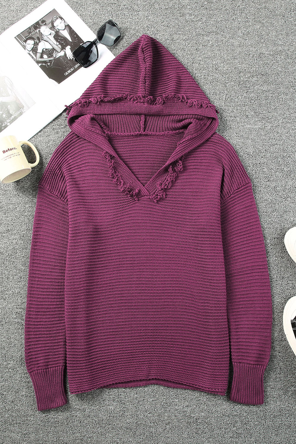 Woven Right Horizontal Ribbing Fringe Trim Hooded Sweater - felvior