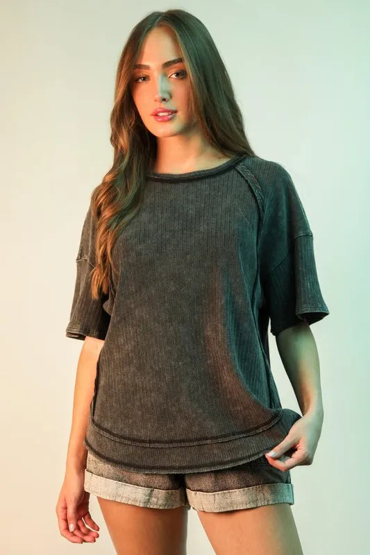 VERY J Mineral Washed Ribbed Knit Casual Top