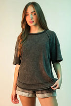 VERY J Mineral Washed Ribbed Knit Casual Top